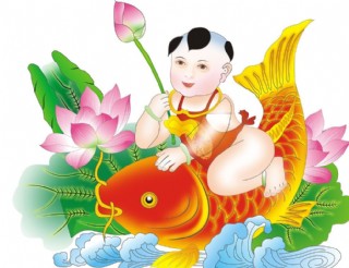 荷花 鲤鱼 童子