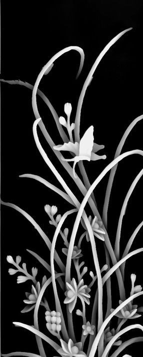 兰花蝴蝶四季花竖屏屏风浮雕灰度