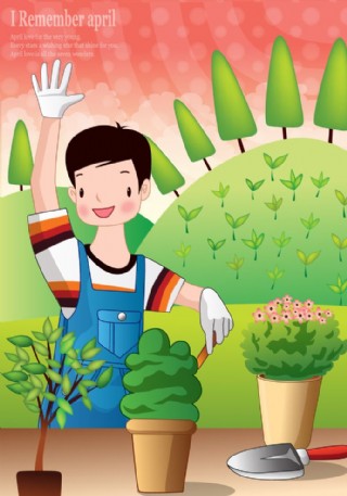 种植树木的矢量卡通男孩